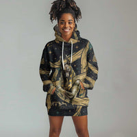 Anubis Ancient Egyptian Hoodie Dress with Starry Mummy Wrap Pattern, Anubis Warrior Illustration, and Pyramid - Wonder Print Shop