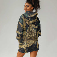 Anubis Ancient Egyptian Hoodie Dress with Starry Mummy Wrap Pattern, Anubis Warrior Illustration, and Pyramid - Wonder Print Shop