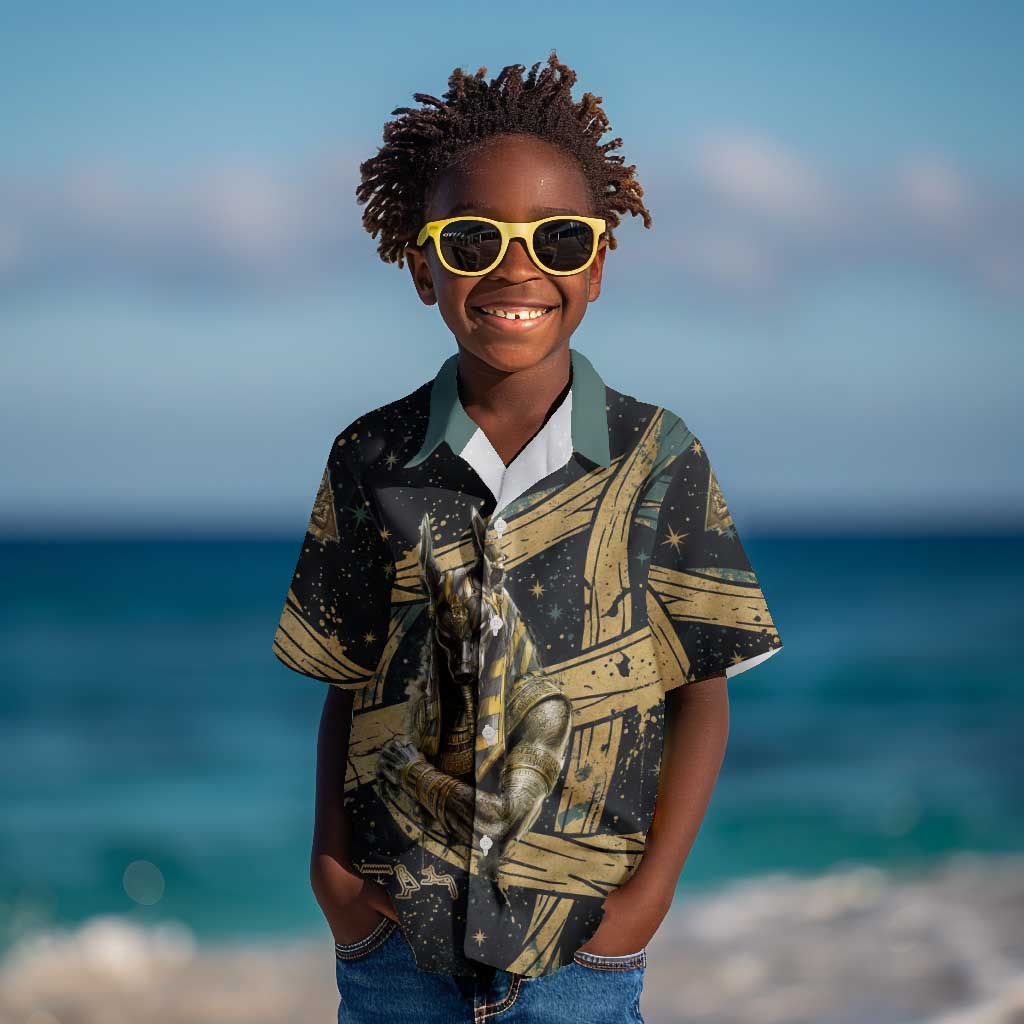 Anubis Ancient Egyptian Kid Hawaiian Shirt with Starry Mummy Wrap Pattern, Anubis Warrior Illustration, and Pyramid - Wonder Print Shop