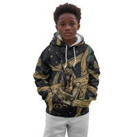Anubis Ancient Egyptian Kid Hoodie with Starry Mummy Wrap Pattern, Anubis Warrior Illustration, and Pyramid - Wonder Print Shop