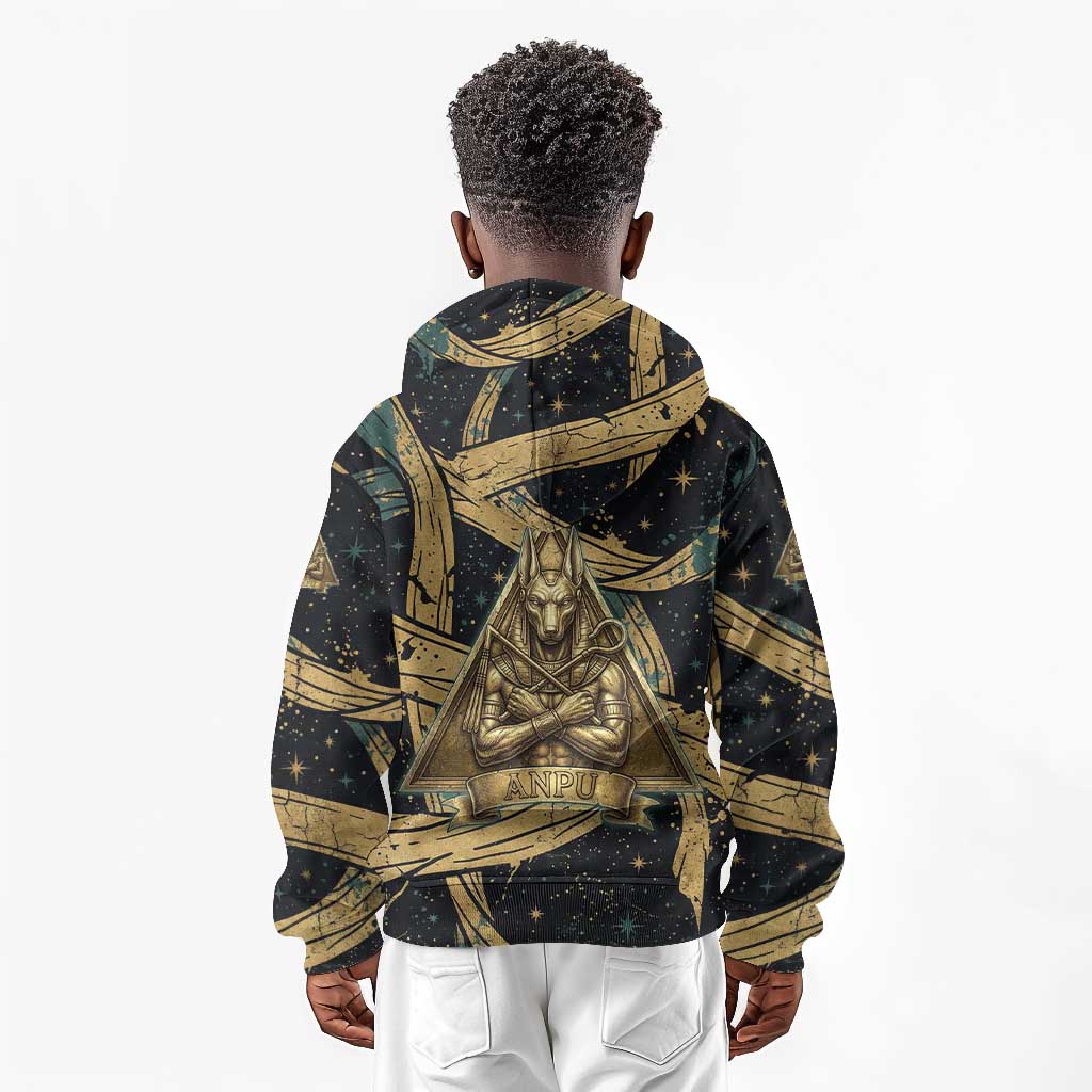 Anubis Ancient Egyptian Kid Hoodie with Starry Mummy Wrap Pattern, Anubis Warrior Illustration, and Pyramid - Wonder Print Shop