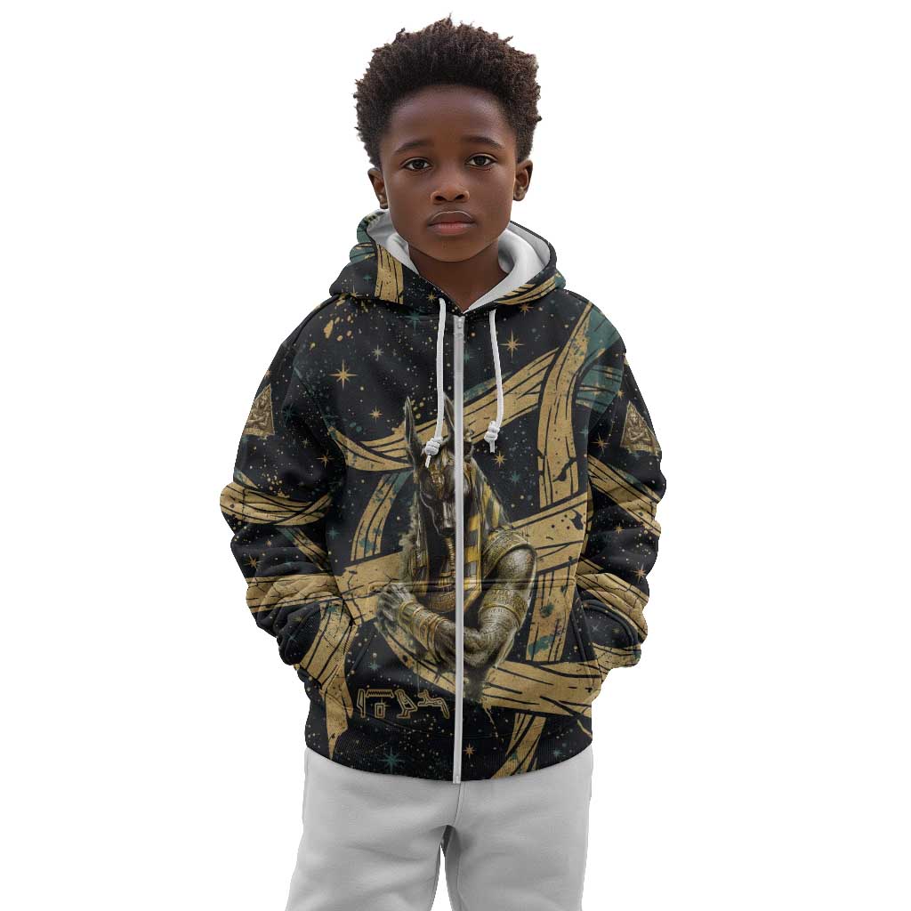 Anubis Ancient Egyptian Kid Hoodie with Starry Mummy Wrap Pattern, Anubis Warrior Illustration, and Pyramid - Wonder Print Shop