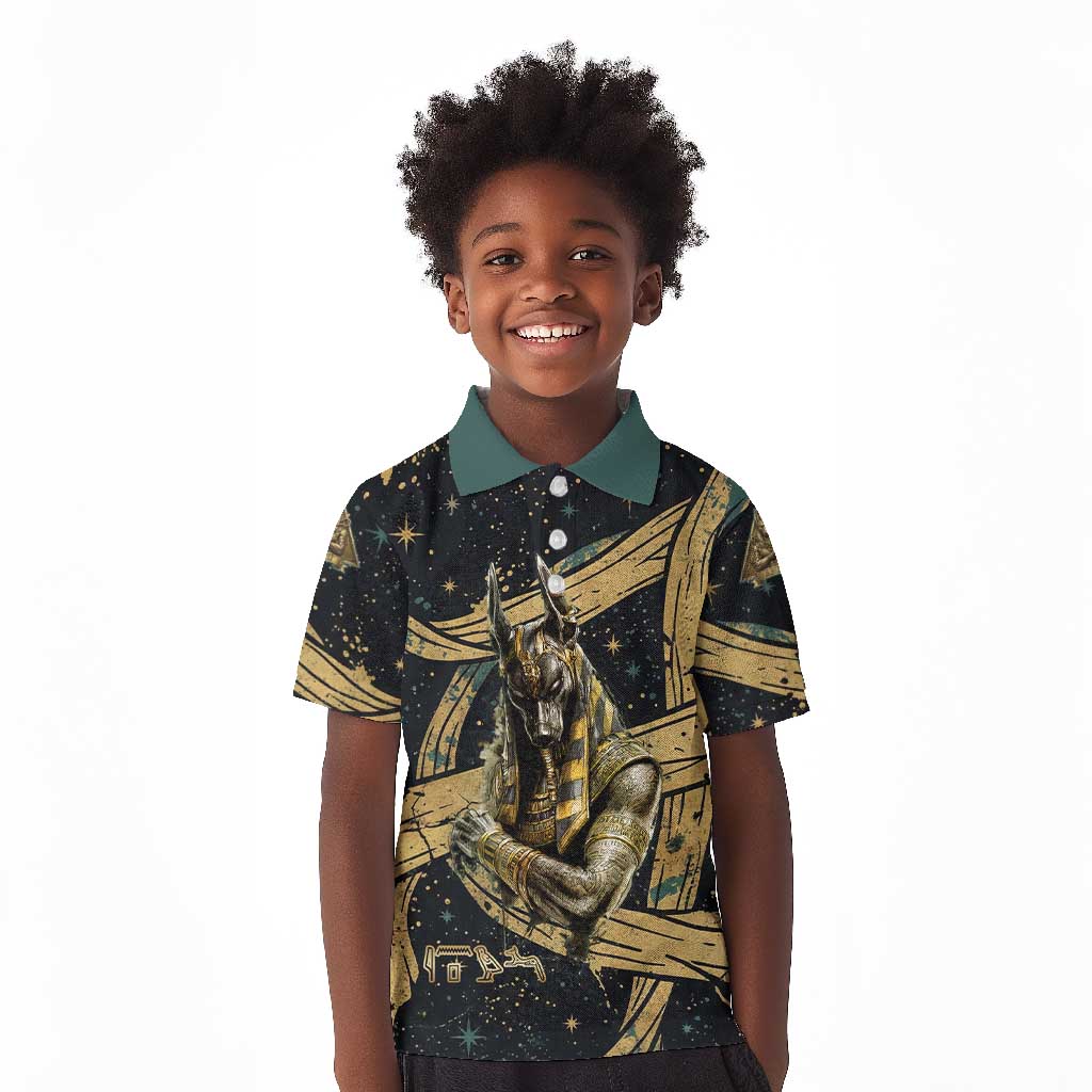 Anubis Ancient Egyptian Kid Polo Shirt with Starry Mummy Wrap Pattern, Anubis Warrior Illustration, and Pyramid - Wonder Print Shop