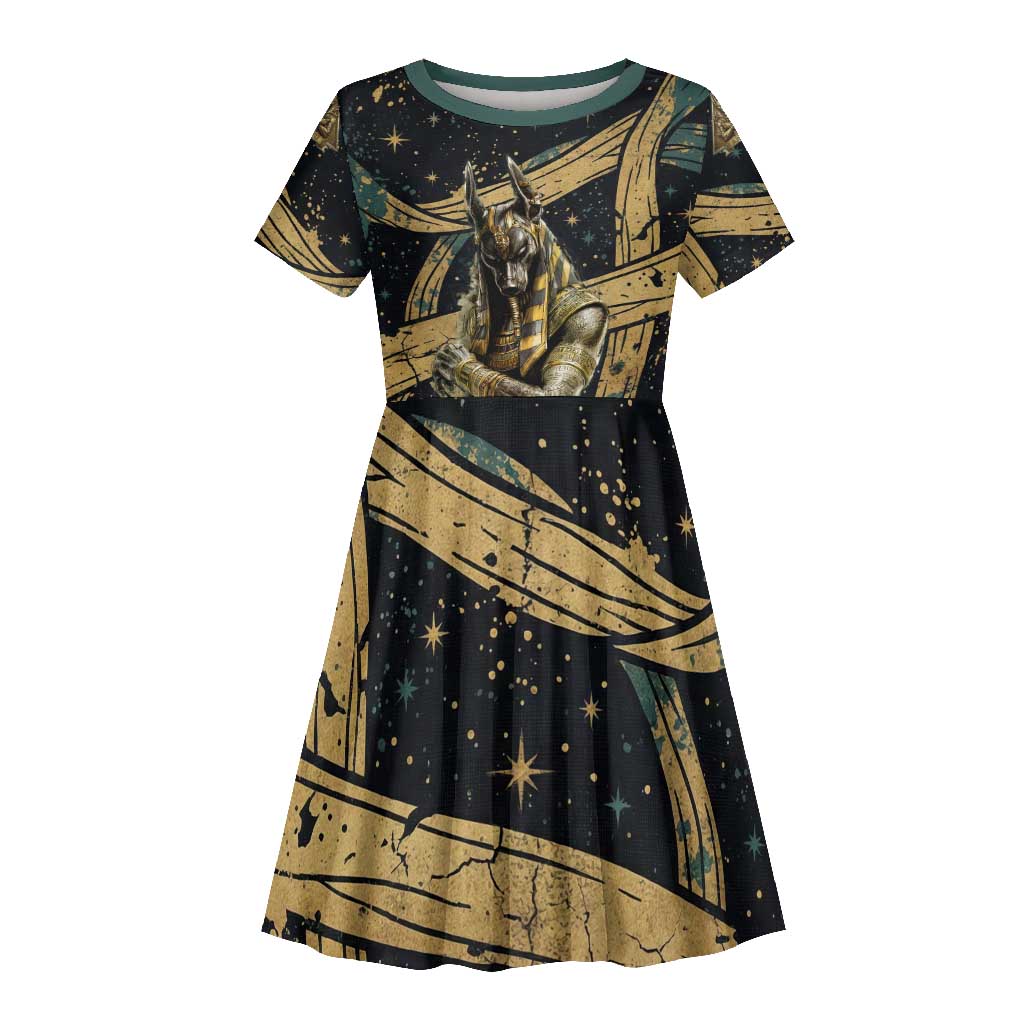 Anubis Ancient Egyptian Kid Short Sleeve Dress with Starry Mummy Wrap Pattern, Anubis Warrior Illustration, and Pyramid - Wonder Print Shop