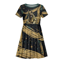 Anubis Ancient Egyptian Kid Short Sleeve Dress with Starry Mummy Wrap Pattern, Anubis Warrior Illustration, and Pyramid - Wonder Print Shop