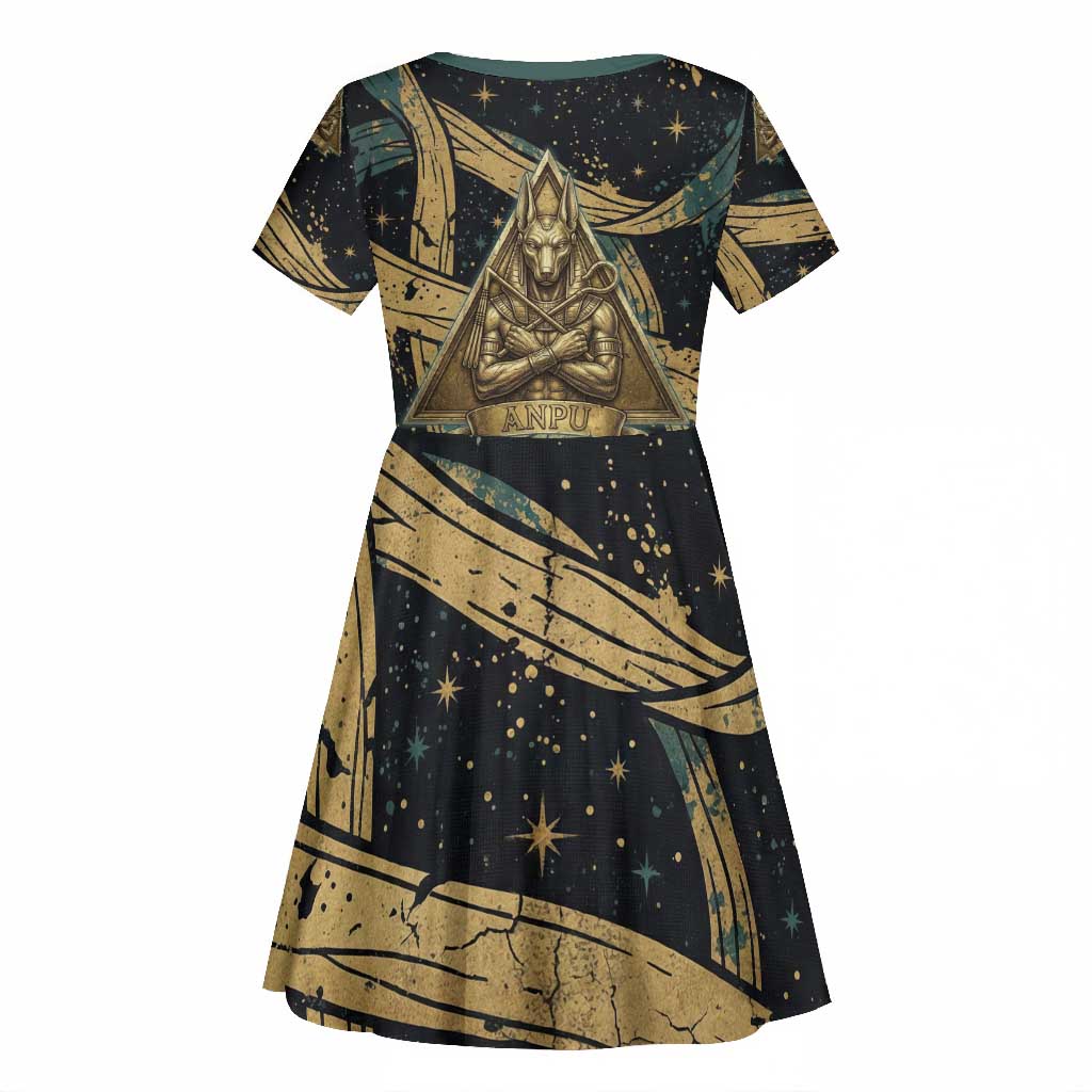 Anubis Ancient Egyptian Kid Short Sleeve Dress with Starry Mummy Wrap Pattern, Anubis Warrior Illustration, and Pyramid - Wonder Print Shop