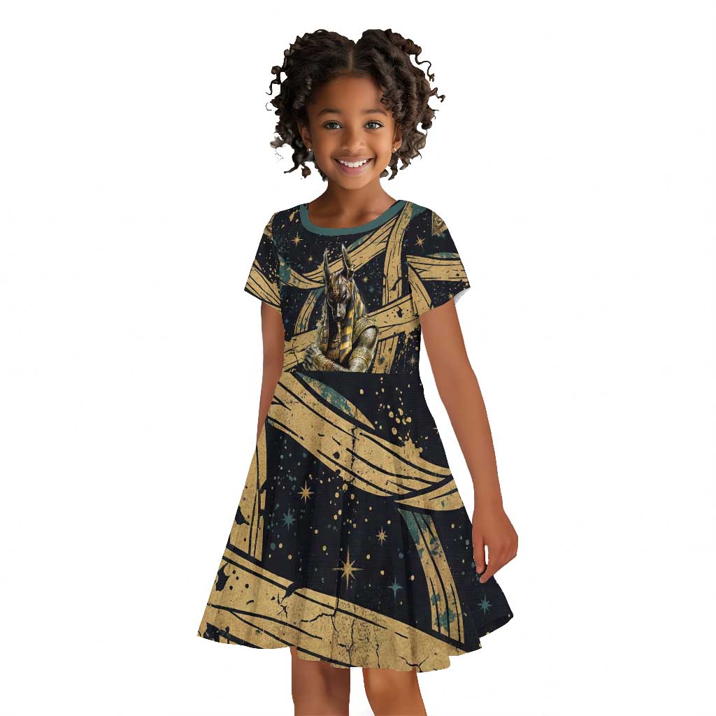Anubis Ancient Egyptian Kid Short Sleeve Dress with Starry Mummy Wrap Pattern, Anubis Warrior Illustration, and Pyramid - Wonder Print Shop