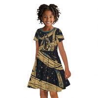 Anubis Ancient Egyptian Kid Short Sleeve Dress with Starry Mummy Wrap Pattern, Anubis Warrior Illustration, and Pyramid - Wonder Print Shop