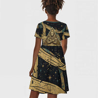 Anubis Ancient Egyptian Kid Short Sleeve Dress with Starry Mummy Wrap Pattern, Anubis Warrior Illustration, and Pyramid - Wonder Print Shop