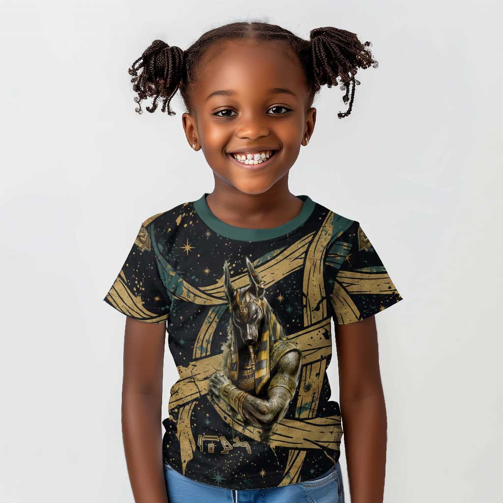 Anubis Ancient Egyptian Kid T shirt with Starry Mummy Wrap Pattern, Anubis Warrior Illustration, and Pyramid - Wonder Print Shop