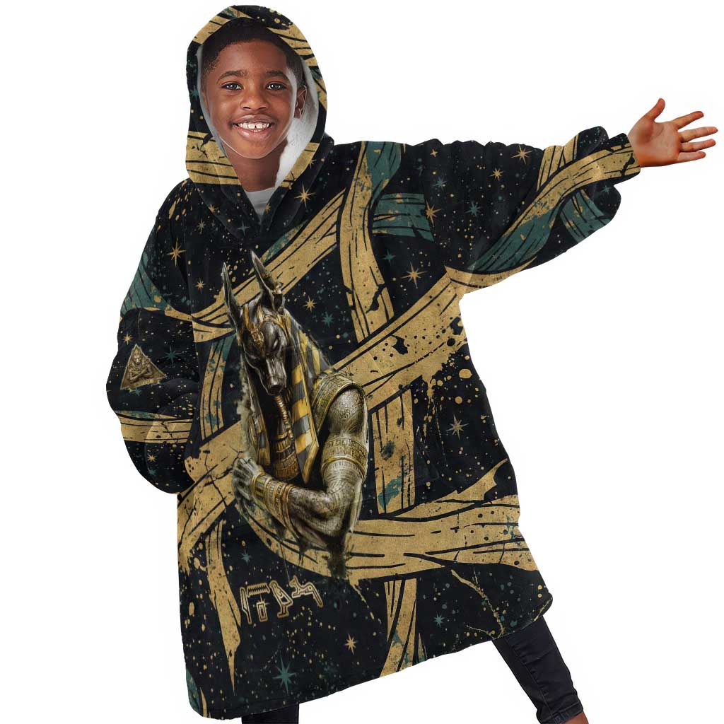 Anubis Ancient Egyptian Kid Wearable Blanket Hoodie with Starry Mummy Wrap Pattern, Anubis Warrior Illustration, and Pyramid - Wonder Print Shop