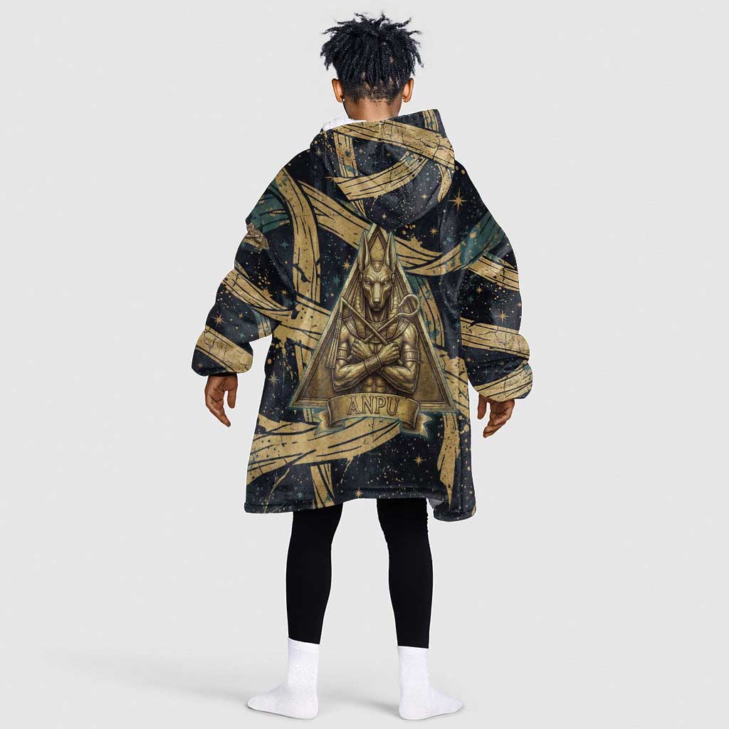 Anubis Ancient Egyptian Kid Wearable Blanket Hoodie with Starry Mummy Wrap Pattern, Anubis Warrior Illustration, and Pyramid - Wonder Print Shop