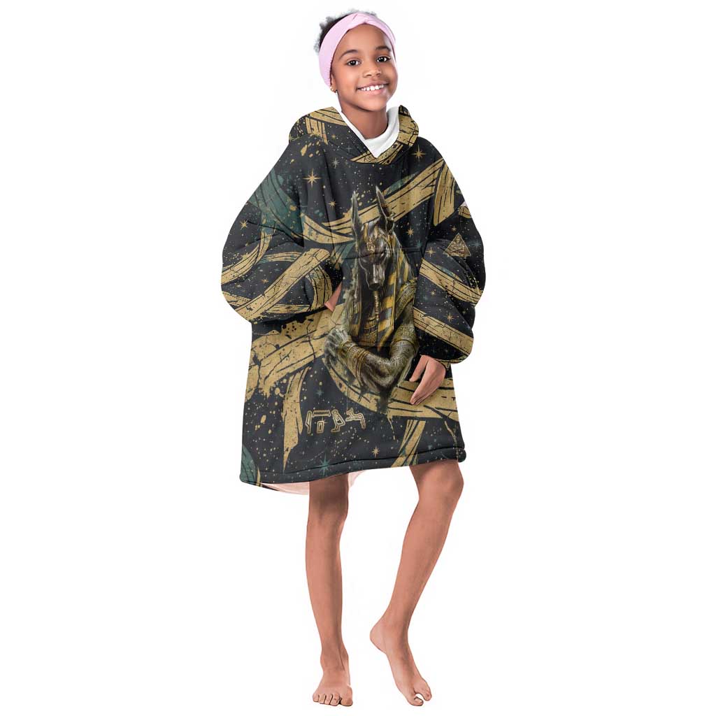 Anubis Ancient Egyptian Kid Wearable Blanket Hoodie with Starry Mummy Wrap Pattern, Anubis Warrior Illustration, and Pyramid - Wonder Print Shop