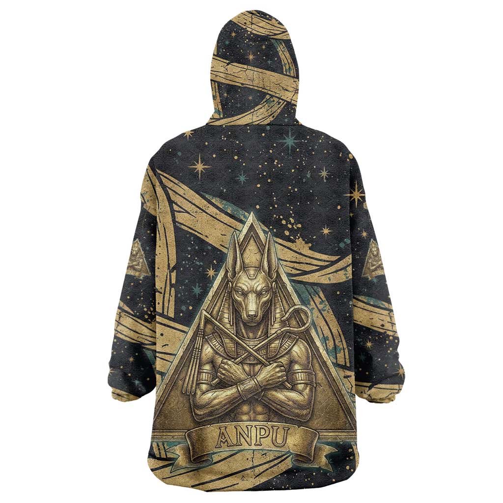 Anubis Ancient Egyptian Kid Wearable Blanket Hoodie with Starry Mummy Wrap Pattern, Anubis Warrior Illustration, and Pyramid - Wonder Print Shop