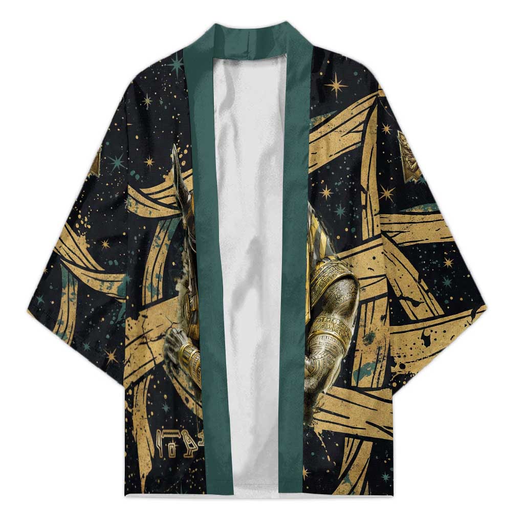 Anubis Ancient Egyptian Kimono with Starry Mummy Wrap Pattern, Anubis Warrior Illustration, and Pyramid - Wonder Print Shop