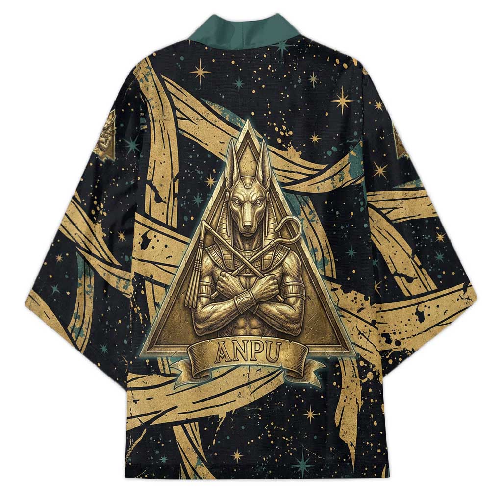 Anubis Ancient Egyptian Kimono with Starry Mummy Wrap Pattern, Anubis Warrior Illustration, and Pyramid - Wonder Print Shop
