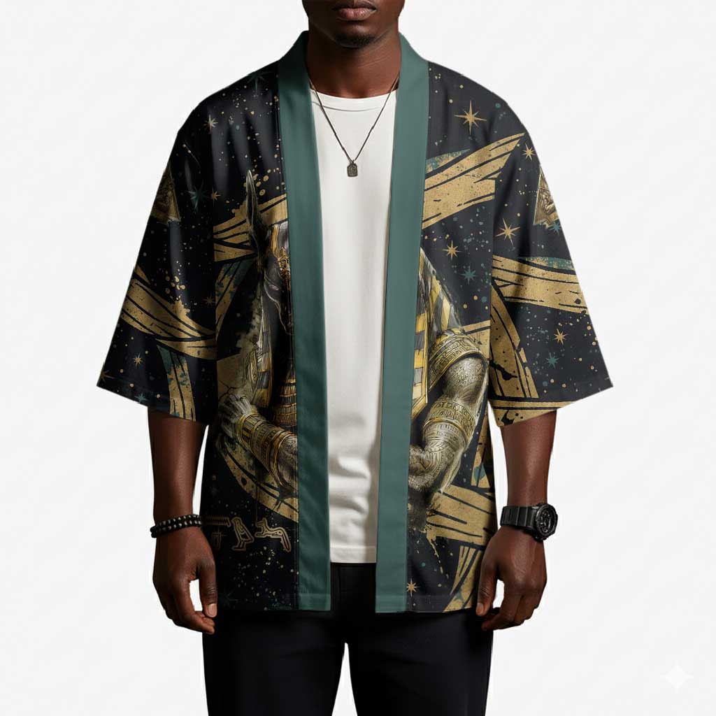 Anubis Ancient Egyptian Kimono with Starry Mummy Wrap Pattern, Anubis Warrior Illustration, and Pyramid - Wonder Print Shop