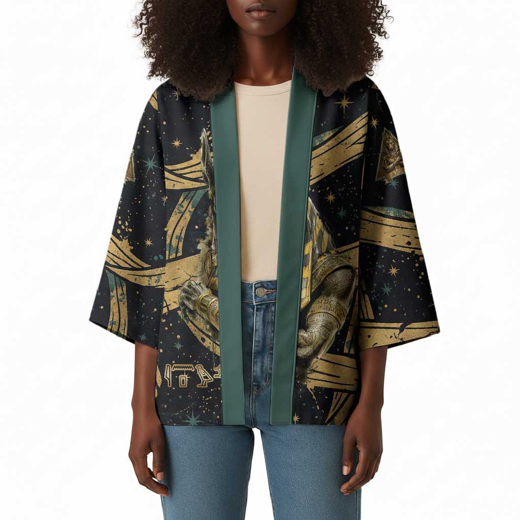 Anubis Ancient Egyptian Kimono with Starry Mummy Wrap Pattern, Anubis Warrior Illustration, and Pyramid - Wonder Print Shop