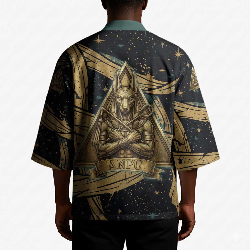 Anubis Ancient Egyptian Kimono with Starry Mummy Wrap Pattern, Anubis Warrior Illustration, and Pyramid - Wonder Print Shop