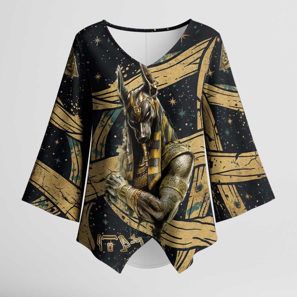 Anubis Ancient Egyptian Kimono Sleeve Blouse with Starry Mummy Wrap Pattern, Anubis Warrior Illustration, and Pyramid - Wonder Print Shop