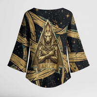 Anubis Ancient Egyptian Kimono Sleeve Blouse with Starry Mummy Wrap Pattern, Anubis Warrior Illustration, and Pyramid - Wonder Print Shop