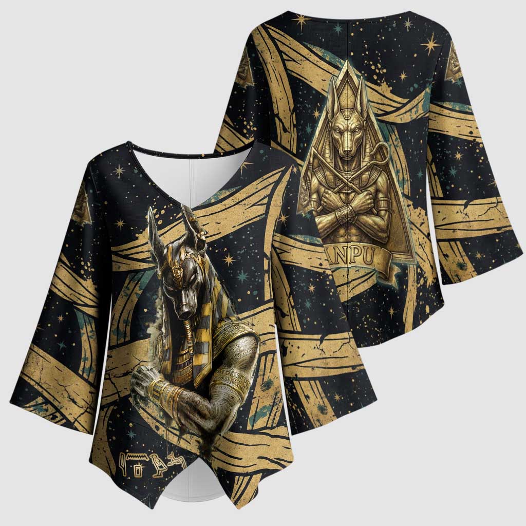 Anubis Ancient Egyptian Kimono Sleeve Blouse with Starry Mummy Wrap Pattern, Anubis Warrior Illustration, and Pyramid - Wonder Print Shop
