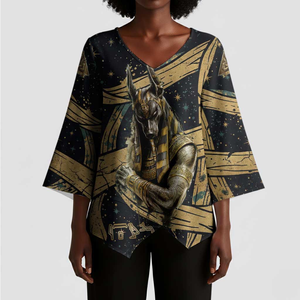 Anubis Ancient Egyptian Kimono Sleeve Blouse with Starry Mummy Wrap Pattern, Anubis Warrior Illustration, and Pyramid - Wonder Print Shop
