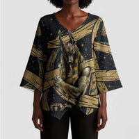 Anubis Ancient Egyptian Kimono Sleeve Blouse with Starry Mummy Wrap Pattern, Anubis Warrior Illustration, and Pyramid - Wonder Print Shop