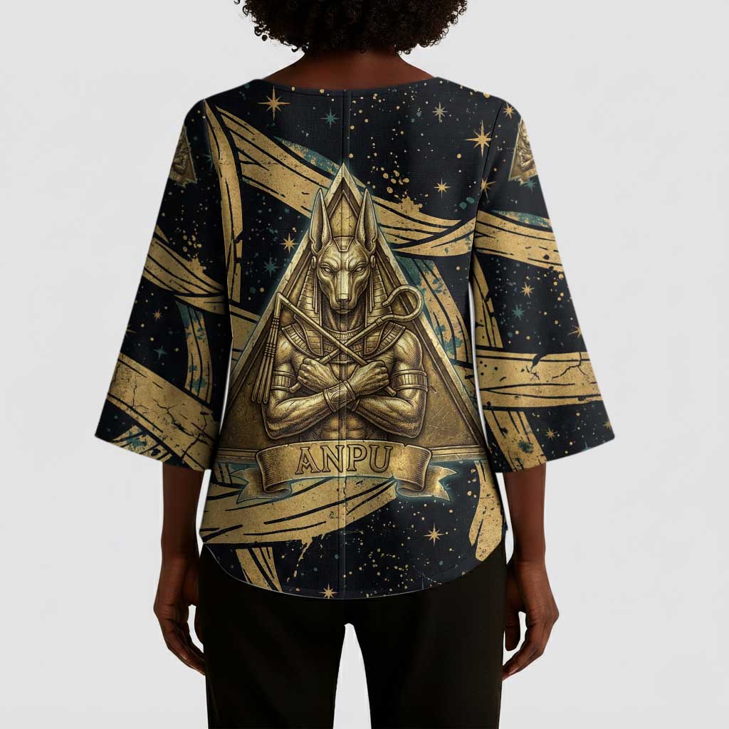 Anubis Ancient Egyptian Kimono Sleeve Blouse with Starry Mummy Wrap Pattern, Anubis Warrior Illustration, and Pyramid - Wonder Print Shop