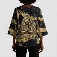 Anubis Ancient Egyptian Kimono Sleeve Blouse with Starry Mummy Wrap Pattern, Anubis Warrior Illustration, and Pyramid - Wonder Print Shop