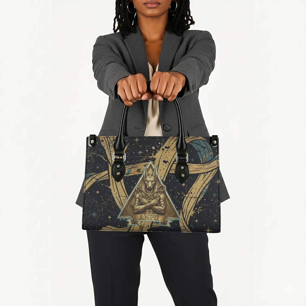 Anubis Ancient Egyptian Leather Bag with Starry Mummy Wrap Pattern, Anubis Warrior Illustration, and Pyramid - Wonder Print Shop