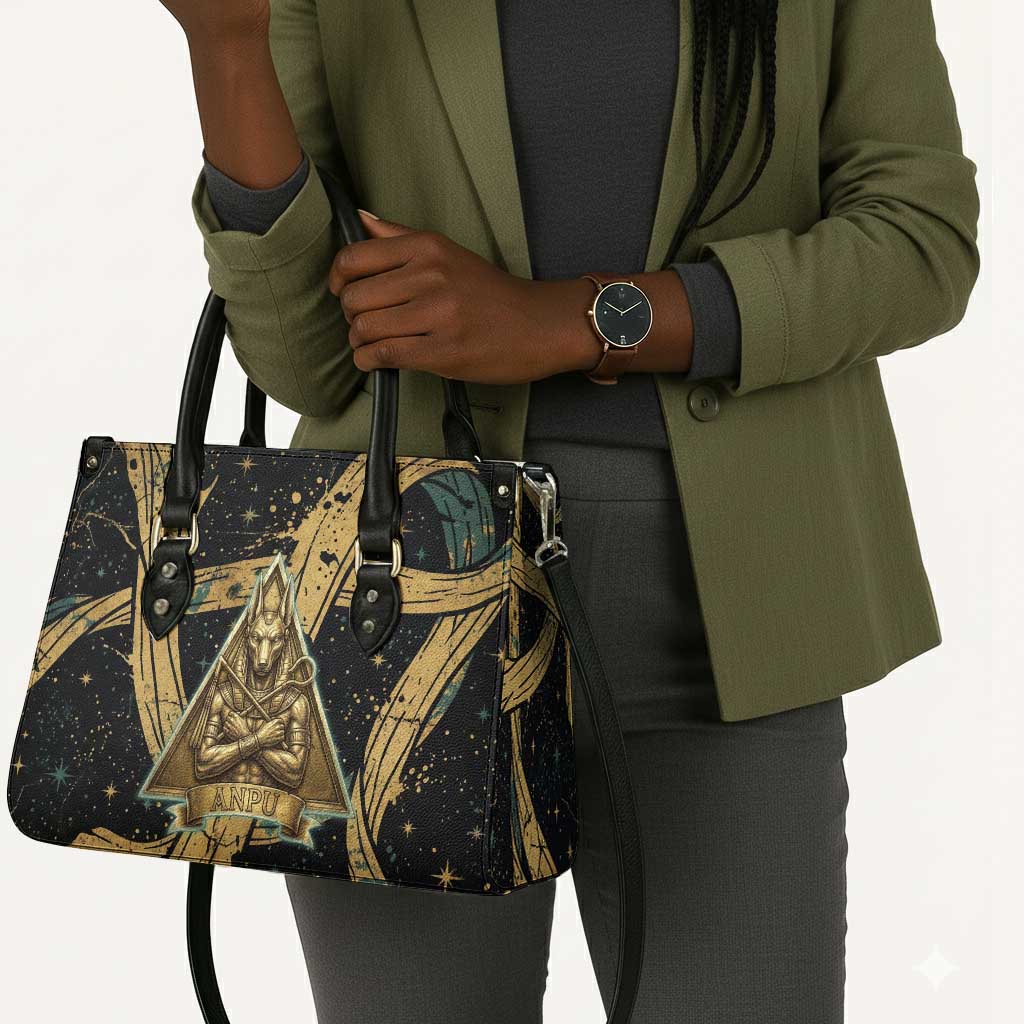 Anubis Ancient Egyptian Leather Bag with Starry Mummy Wrap Pattern, Anubis Warrior Illustration, and Pyramid - Wonder Print Shop