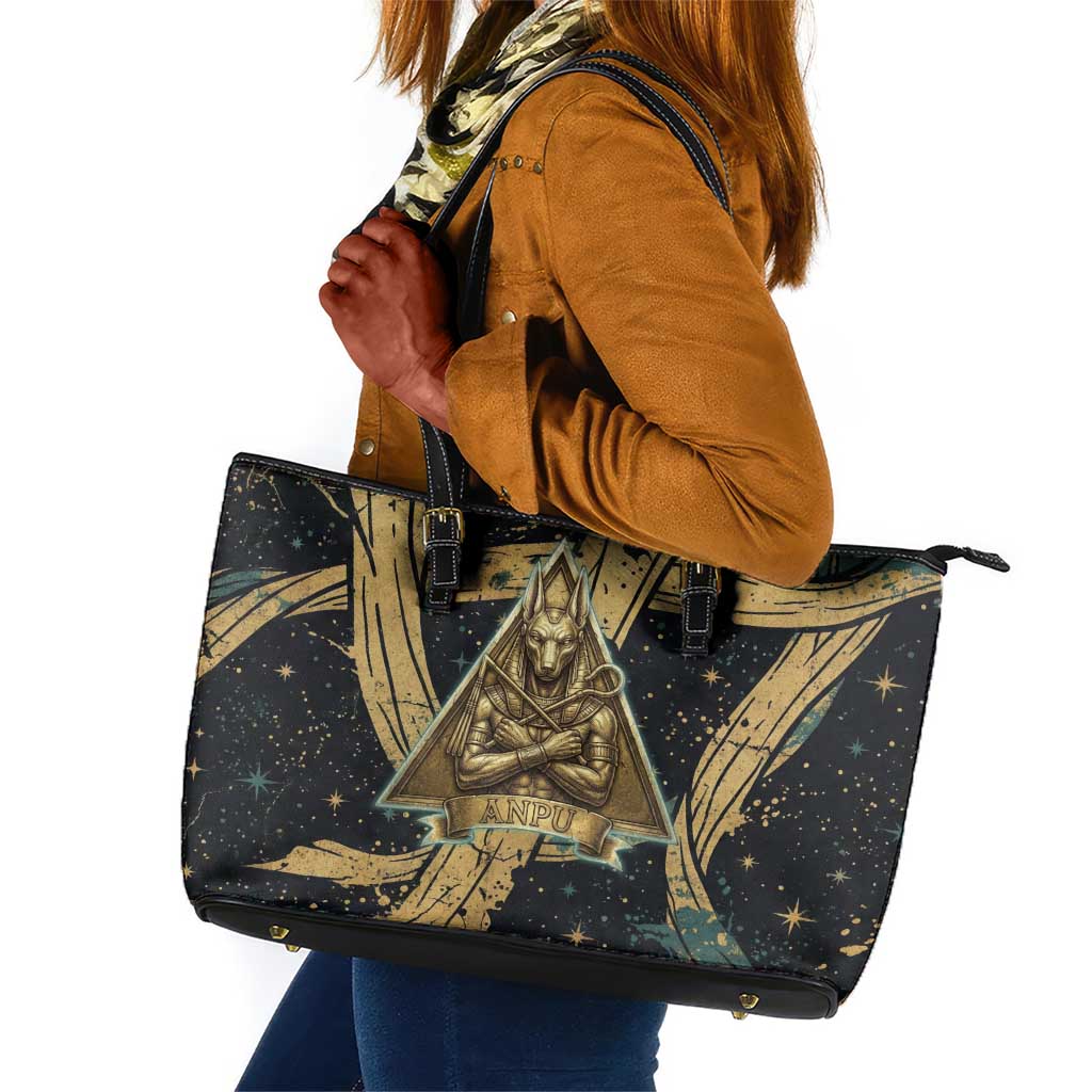 Anubis Ancient Egyptian Leather Tote Bag with Starry Mummy Wrap Pattern, Anubis Warrior Illustration, and Pyramid - Wonder Print Shop