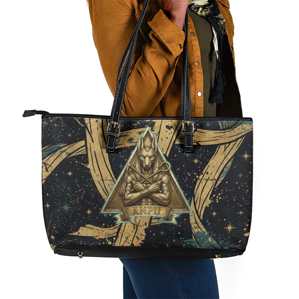 Anubis Ancient Egyptian Leather Tote Bag with Starry Mummy Wrap Pattern, Anubis Warrior Illustration, and Pyramid - Wonder Print Shop