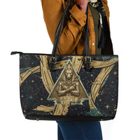 Anubis Ancient Egyptian Leather Tote Bag with Starry Mummy Wrap Pattern, Anubis Warrior Illustration, and Pyramid - Wonder Print Shop