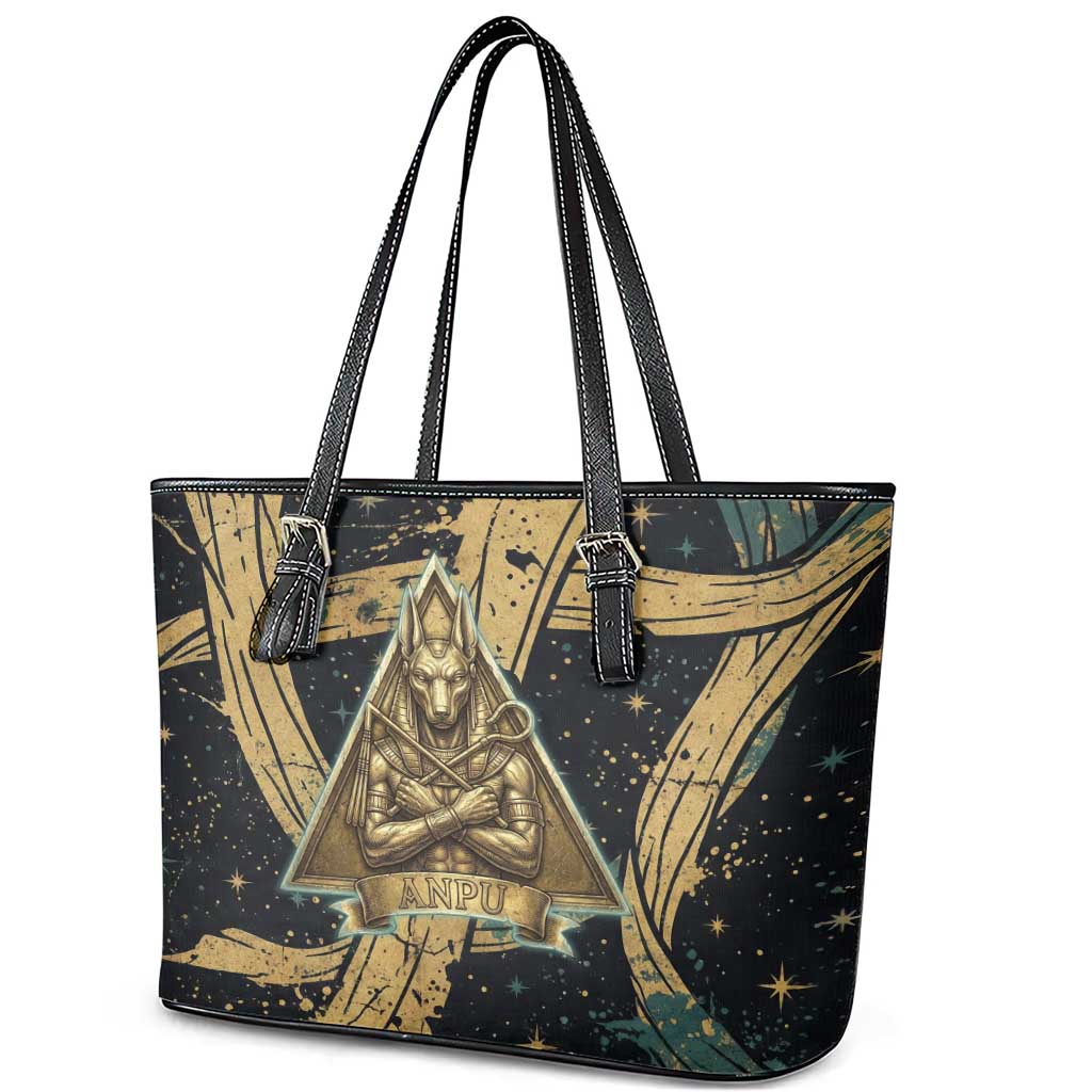 Anubis Ancient Egyptian Leather Tote Bag with Starry Mummy Wrap Pattern, Anubis Warrior Illustration, and Pyramid - Wonder Print Shop