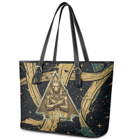 Anubis Ancient Egyptian Leather Tote Bag with Starry Mummy Wrap Pattern, Anubis Warrior Illustration, and Pyramid - Wonder Print Shop