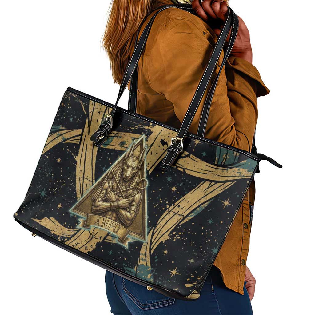 Anubis Ancient Egyptian Leather Tote Bag with Starry Mummy Wrap Pattern, Anubis Warrior Illustration, and Pyramid - Wonder Print Shop