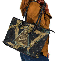 Anubis Ancient Egyptian Leather Tote Bag with Starry Mummy Wrap Pattern, Anubis Warrior Illustration, and Pyramid - Wonder Print Shop