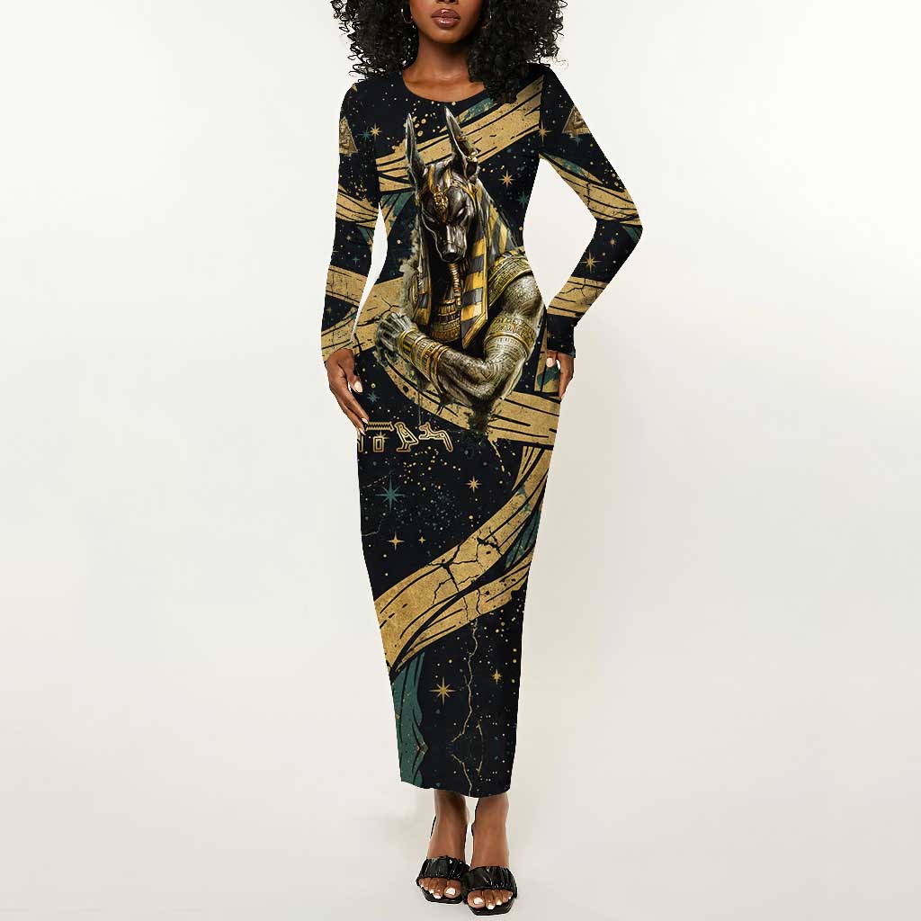 Anubis Ancient Egyptian Long Sleeve Bodycon Dress with Starry Mummy Wrap Pattern, Anubis Warrior Illustration, and