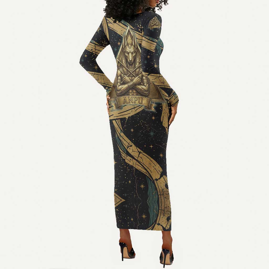 Anubis Ancient Egyptian Long Sleeve Bodycon Dress with Starry Mummy Wrap Pattern, Anubis Warrior Illustration, and Pyramid - Wonder Print Shop