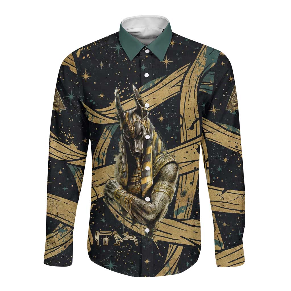 Anubis Ancient Egyptian Long Sleeve Button Shirt with Starry Mummy Wrap Pattern, Anubis Warrior Illustration, and Pyramid - Wonder Print Shop