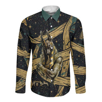 Anubis Ancient Egyptian Long Sleeve Button Shirt with Starry Mummy Wrap Pattern, Anubis Warrior Illustration, and Pyramid - Wonder Print Shop