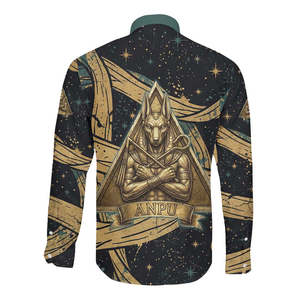 Anubis Ancient Egyptian Long Sleeve Button Shirt with Starry Mummy Wrap Pattern, Anubis Warrior Illustration, and Pyramid - Wonder Print Shop