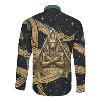 Anubis Ancient Egyptian Long Sleeve Button Shirt with Starry Mummy Wrap Pattern, Anubis Warrior Illustration, and Pyramid - Wonder Print Shop