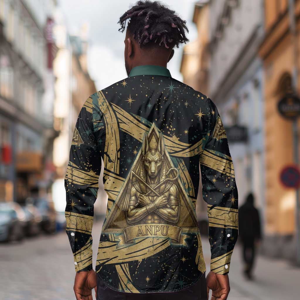 Anubis Ancient Egyptian Long Sleeve Button Shirt with Starry Mummy Wrap Pattern, Anubis Warrior Illustration, and Pyramid - Wonder Print Shop