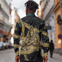 Anubis Ancient Egyptian Long Sleeve Button Shirt with Starry Mummy Wrap Pattern, Anubis Warrior Illustration, and Pyramid - Wonder Print Shop