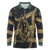 Anubis Ancient Egyptian Long Sleeve Polo Shirt with Starry Mummy Wrap Pattern, Anubis Warrior Illustration, and Pyramid - Wonder Print Shop