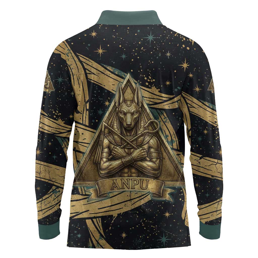 Anubis Ancient Egyptian Long Sleeve Polo Shirt with Starry Mummy Wrap Pattern, Anubis Warrior Illustration, and Pyramid - Wonder Print Shop