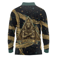 Anubis Ancient Egyptian Long Sleeve Polo Shirt with Starry Mummy Wrap Pattern, Anubis Warrior Illustration, and Pyramid - Wonder Print Shop